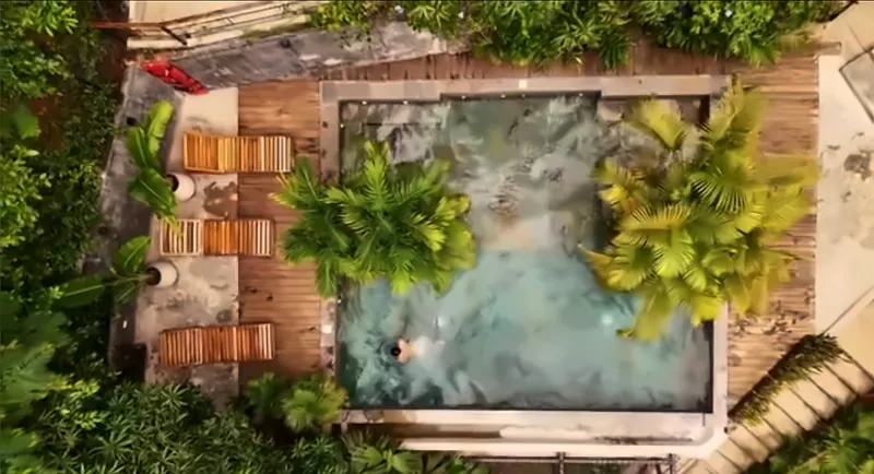 Vista cenital de la piscina rectangular con dos palmas junto al agua, una persona nadando, tumbonas de madera sobre la terraza y jardín alrededor.
